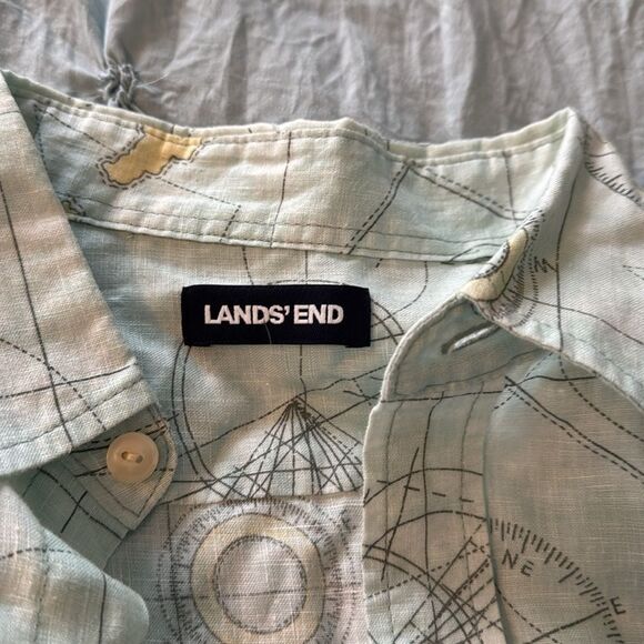 RARE Lands End *LINEN* Sample Sale Map Geography Compas Aqua Utility  Shirt - Picture 7 of 12
